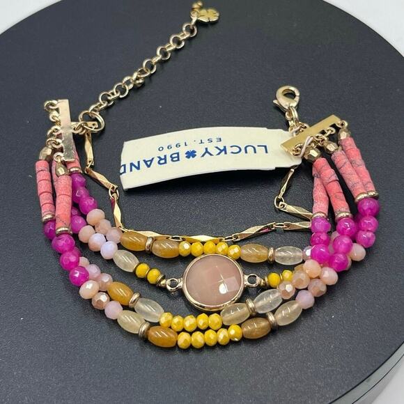Lucky Brand Signed‎ Semi Precious Multi strand Pink Yellow Bracelet New - Picture 2 of 7
